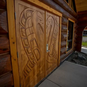 Custom carved entranceway of the Saik'uz Cultural Centre